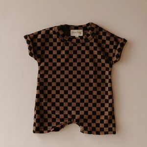Forever French Short Sleeve Ribbed Romper I Black and Brown Checkerboard